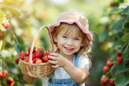 A young girl with a joyful smile holds a basket of plump strawberries, embodying the innocence and beauty of nature's bounty
