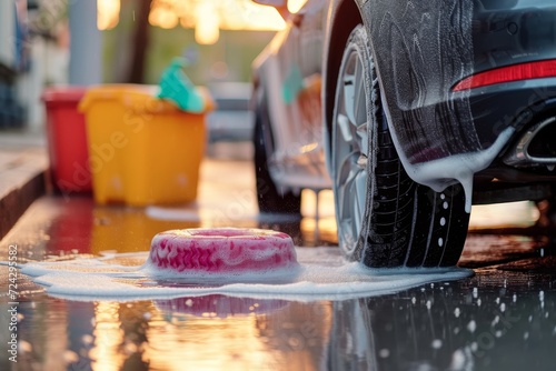 A gleaming pink tire stands out against the backdrop of a car being washed, reflecting the bright sunlight and representing both practicality and style in this outdoor auto care scene