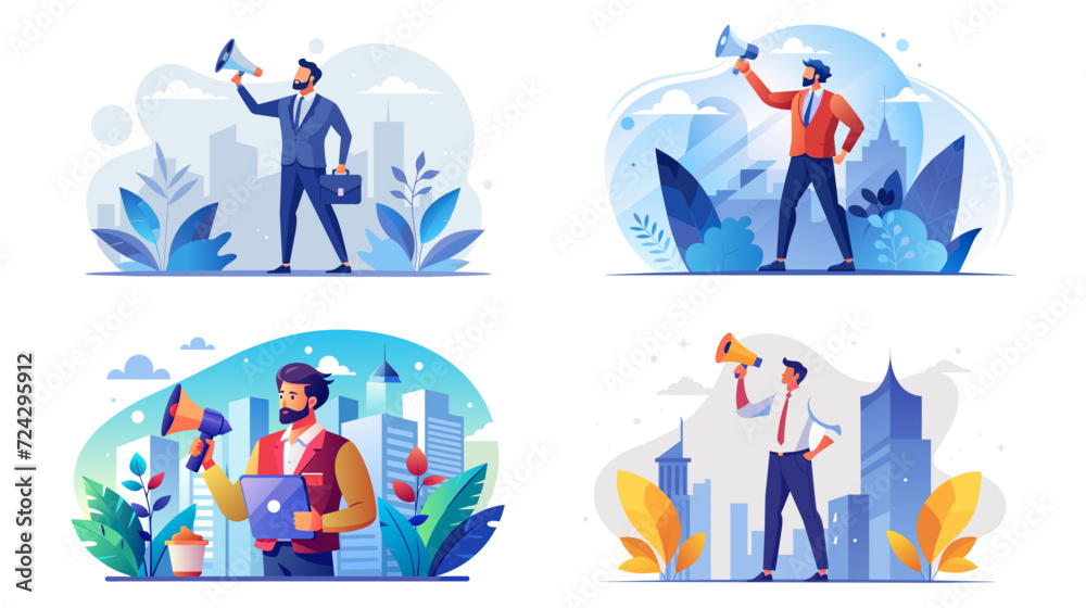 Vector illustration of businessmen using megaphones in urban settings Vector illustration of businessmen using megaphones in urban settings