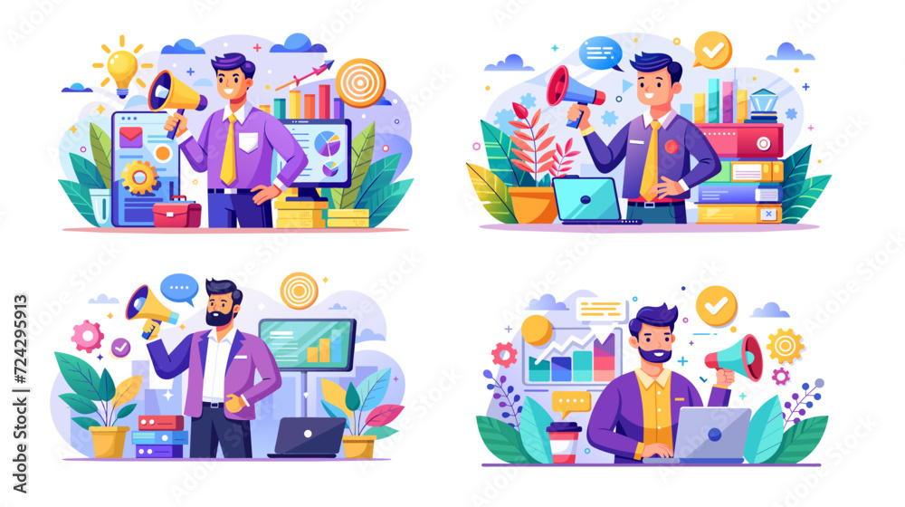 Businessman in various work environments vector illustrations