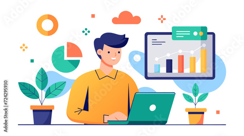 Young Man Analyzing Data on Laptop With Graphical Illustrations