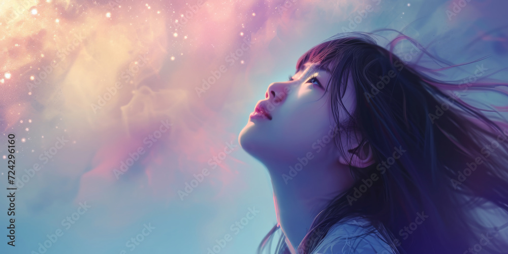 Asian girl with hair in the air is looking up, generative AI Asian girl with hair in the air is looking up, generative AI