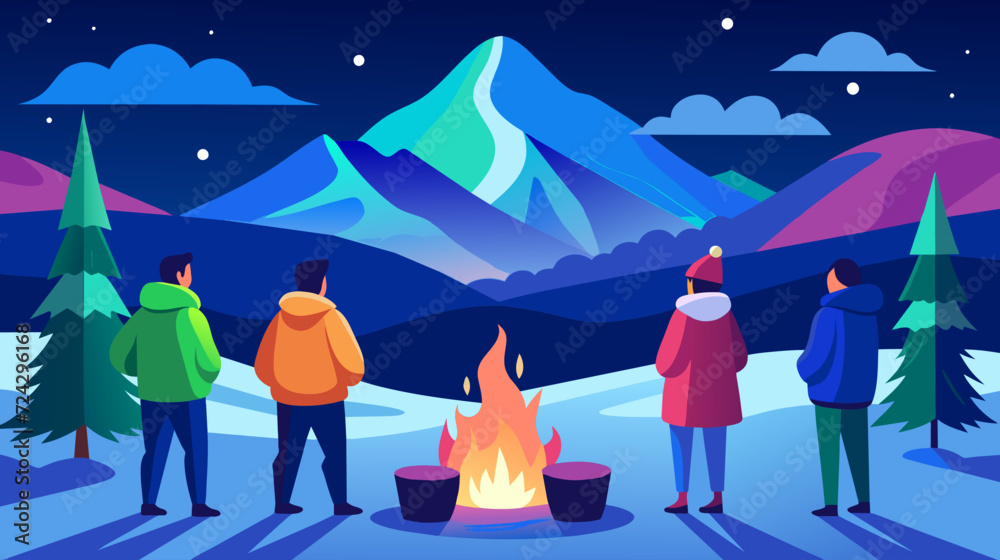 Fototapeta premium Enchanting Nighttime Campfire in Snowy Mountain Landscape