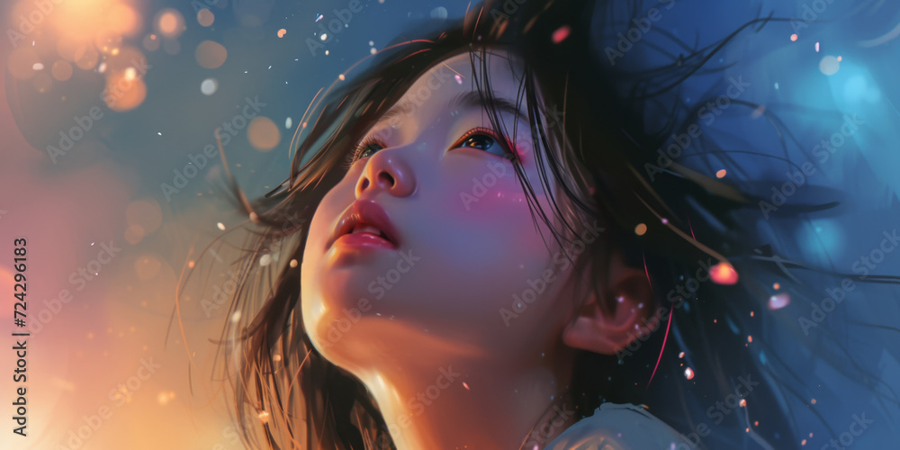 Asian girl with hair in the air is looking up, generative AI