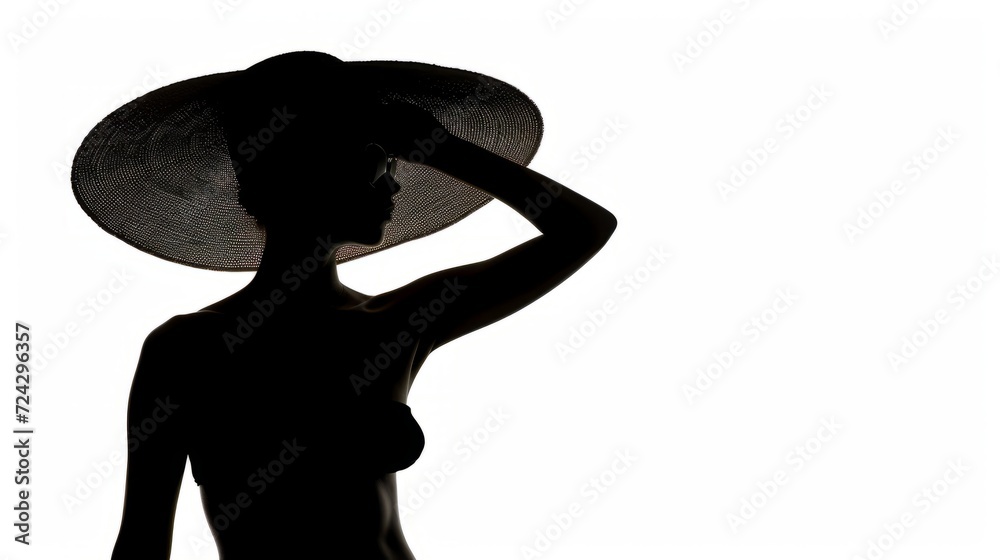 The silhouette of a sexy woman in a hat on a white background is black. a place for text or your products.