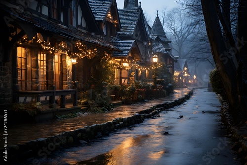 Night scene of a small river in the middle of a village.