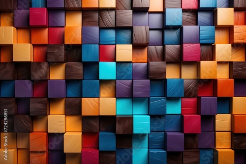 Colorful Wooden Block Wall in Various Shapes and Sizes Generative AI