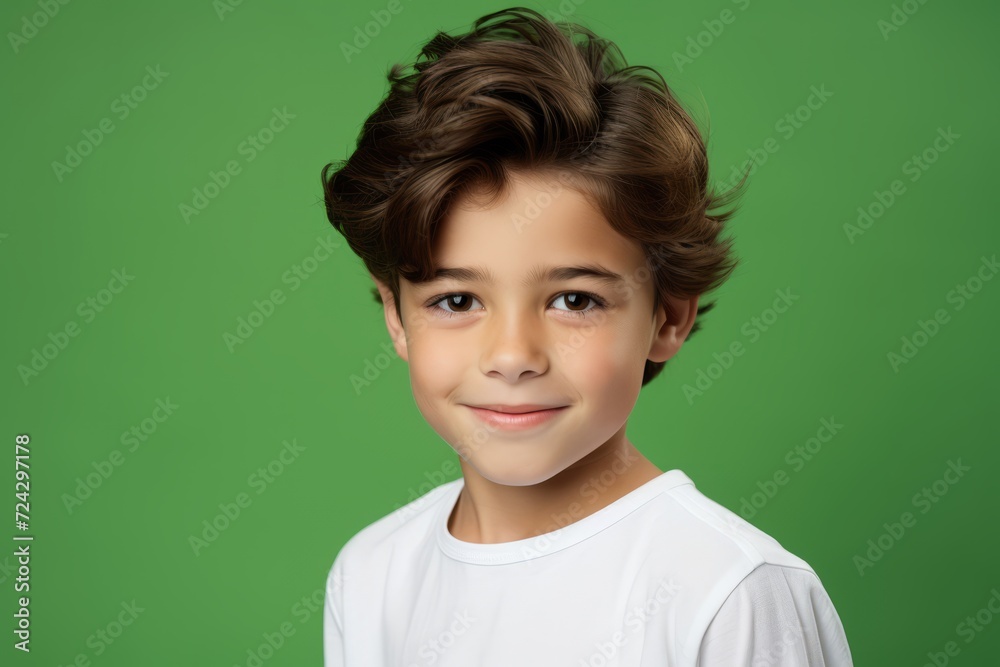 smiling little boy in white t-shirt and hairstyle on green background