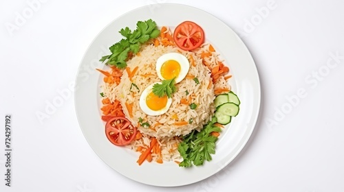 Fried Rice with Vegetables and Meat. egg topping on a plate, white background. Generative AI