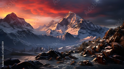 Fantastic panoramic view of the snowy mountains at sunset
