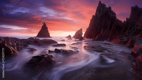 Beautiful panoramic landscape of a rocky beach at sunset  long exposure