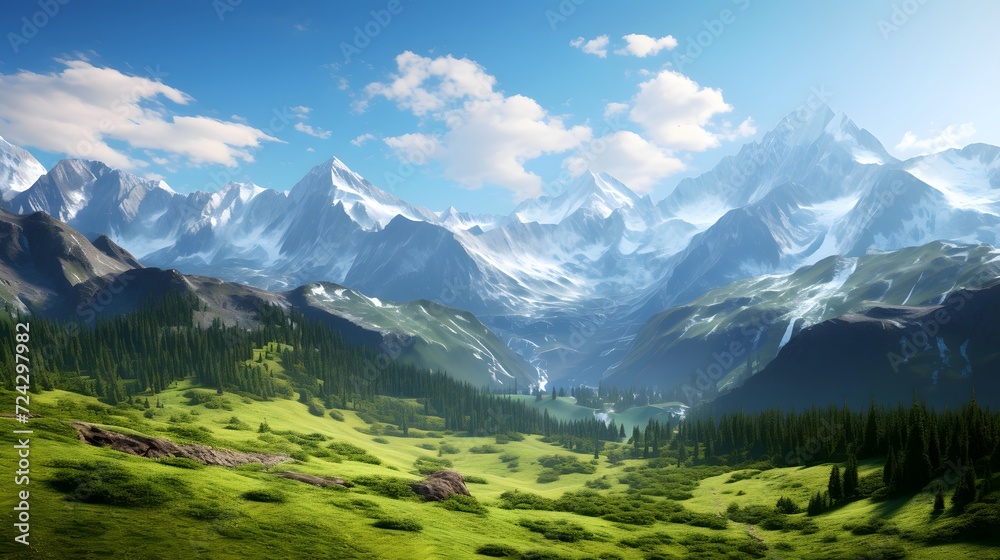 Panoramic view of the Caucasus mountains in summer, Russia.