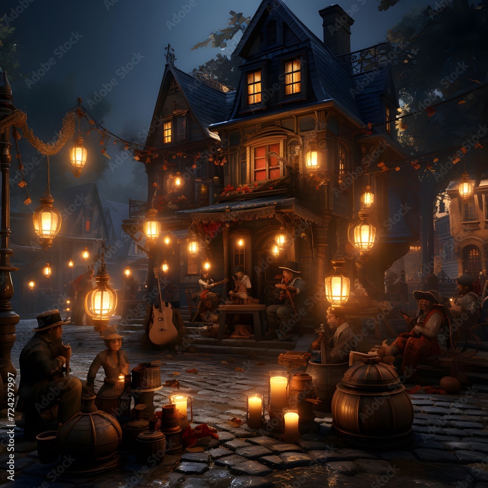 3D rendering of a medieval town with old houses and lanterns
