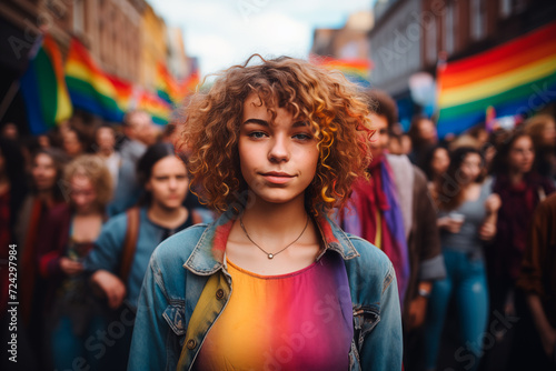 Portrait of a teenage girl with curly hair looking at the camera with a serious expression in the middle of a lgbt pride march. Generative AI