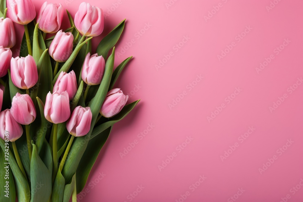 Bouquet of Pink Tulips on Pink Background Generative AI Bouquet of Pink Tulips on Pink Background Generative AI