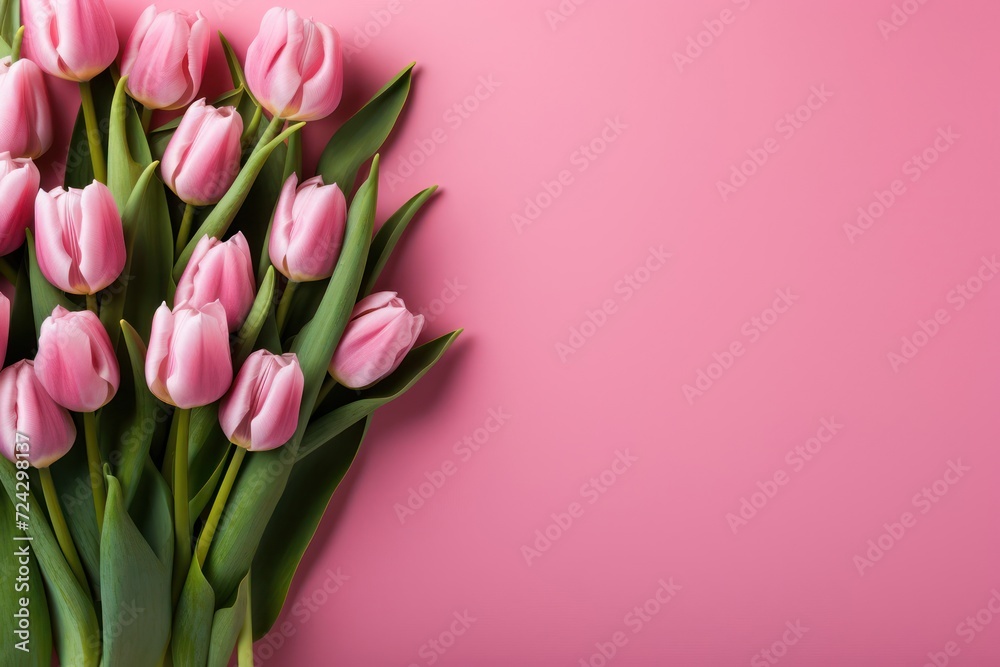 Bouquet of Pink Tulips on Pink Background Generative AI