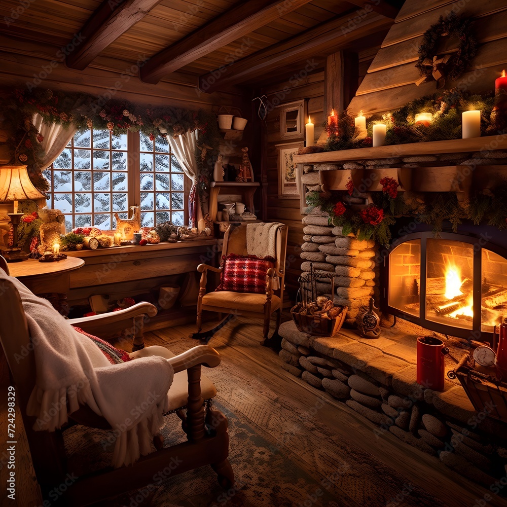 Christmas and New Year decoration in a cozy log house with fireplace and Christmas tree