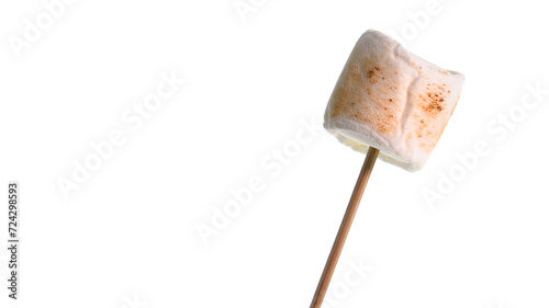 Bamboo sticks with one roasted marshmallow isolated  on white background