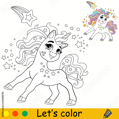 Lets color unicorn and comet kids coloring vector