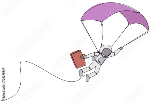 Continuous one line drawing young energetic astronaut flying with parachute holding briefcase. Tidy up parachute and then join the expedition team on earth. Single line draw design vector illustration