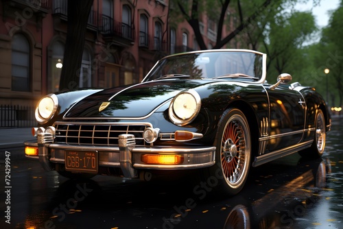 Classic car on the street in the city at night. 3d rendering