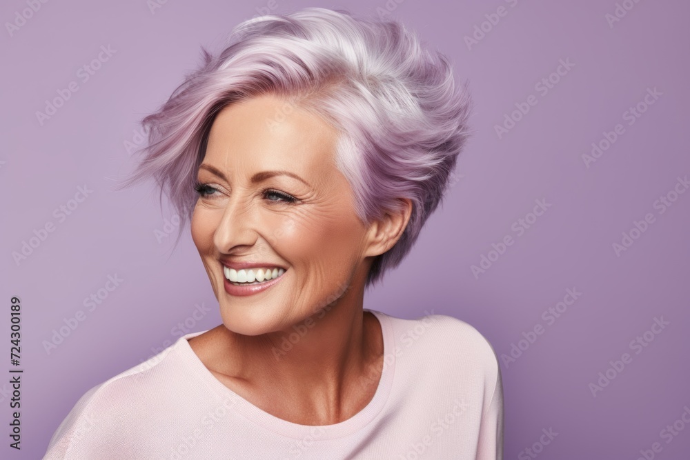 Portrait of beautiful middle-aged woman with short pink hair on violet background Portrait of beautiful middle-aged woman with short pink hair on violet background