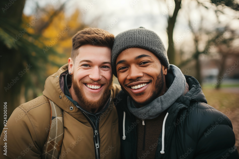 portrait of a young gay couple in the wild black and white guys smiling trees in background coat and hat winter autumn beautiful happy bearded bond complicity love happiness lgbt diversity park brown portrait of a young gay couple in the wild black and white guys smiling trees in background coat and hat winter autumn beautiful happy bearded bond complicity love happiness lgbt diversity park brown