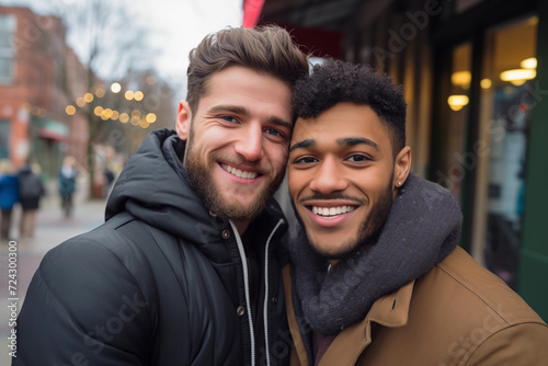 portrait of a gay couple in the city brown white men smiling hugging coat winter beautiful young happy bearded bond complicity love happiness black african lgbt diversity street restaurant scarf