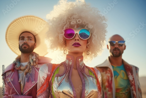 summer festival participants in desert with fancy costume woman in the center two men hat sunglasses blond wig jewels fashion jacket fun party exuberant flamboyant bright sun carnival classy