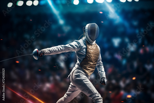 fencer fencing large audience indoor games competition sword white outfit mask protective jacket epee foil sabre weapon tournament intense playing stake champion professional sports close-up portrait