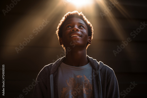 Portrait of a black teen, looking up, wearing a hoodie, closeup shot, curly hair, sunny light, intense expression, enlightment black background, happy african american boy, cute, spirit photo