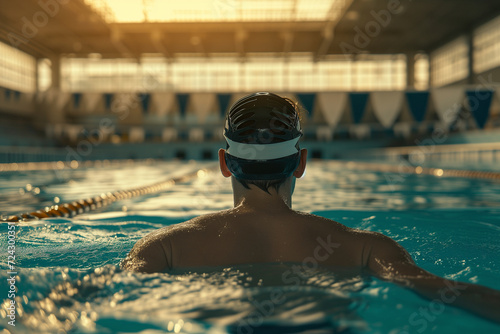 swimmer seen from back indoor swimming pool muscular man water lines golden light focused games athlete win success determined young athletic competition challenge muscles attractive diving goggles