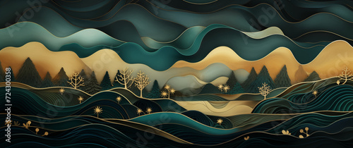 Dreamlike background with forest hills mountains trees waves sky golden lines elegant drawing yellow blue beige cut paper soft sleep imaginary magic dream fantasy fairy tale vintage landscape © Oliver Evans Studio