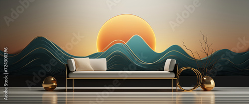 design sofa art deco in front of decorative wall with sunrise over blue mountains elegant original living room interior