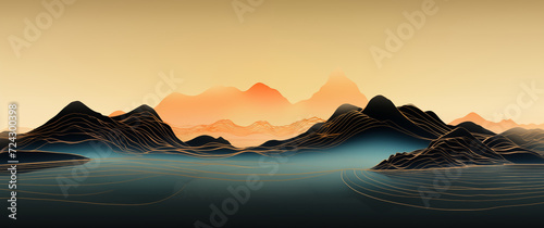 background mountains lake orange blue black mist fog landscape golden lines elegant drawing mysterious soft imaginary magic dream fantasy fairy tale japanese etching exotic journey