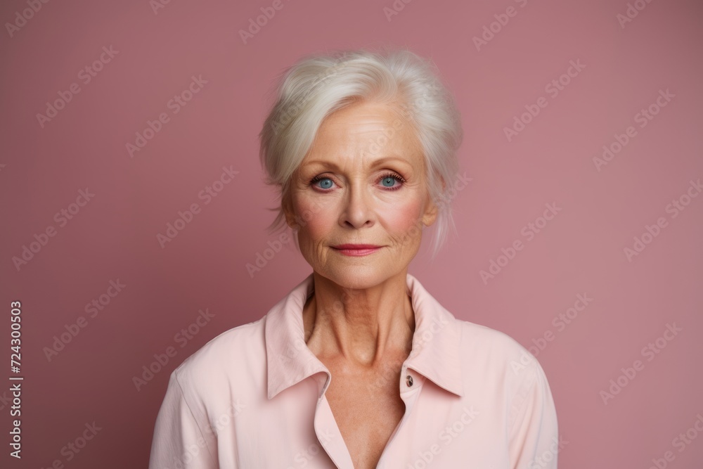 Elderly woman in pink shirt looking at camera with serious expression Elderly woman in pink shirt looking at camera with serious expression