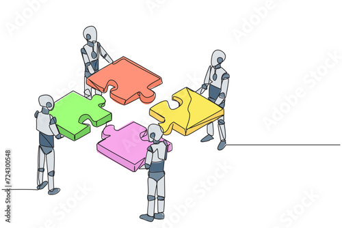 Single one line drawing four robotics artificial intelligence standing with each holding a puzzle pieces. Teamwork to put together the puzzle. Future tech. Continuous line design graphic illustration