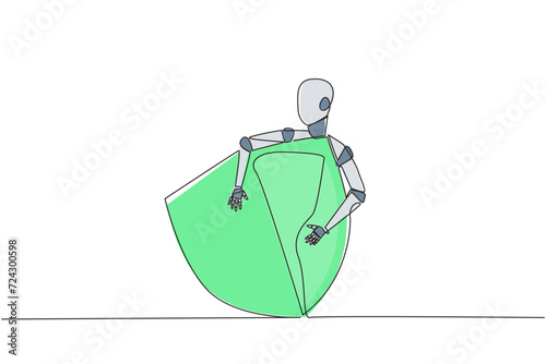 Single one line drawing robot hugging shield. Robots protect websites, online applications and computer laptops from hackers or viruses. Machine learning. Continuous line design graphic illustration
