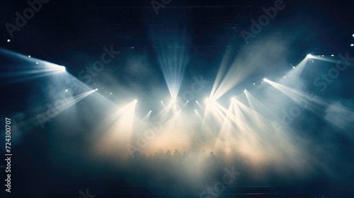 Glowing stage lights shine through a billowing fog  creating an ethereal and mesmerizing effect on the audience.