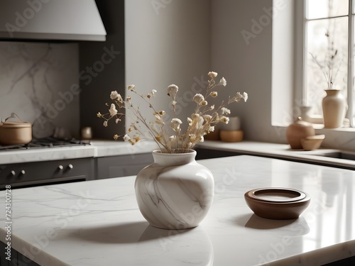 Elegant Modern Kitchen with Marble Countertop and Decorative Dried Flowers
