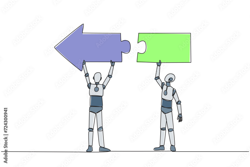 Single continuous line drawing two robots working together carrying a directional arrow puzzle. Metaphors equate ideas. Robots doing teamwork. Future technology. One line design vector illustration Single continuous line drawing two robots working together carrying a directional arrow puzzle. Metaphors equate ideas. Robots doing teamwork. Future technology. One line design vector illustration