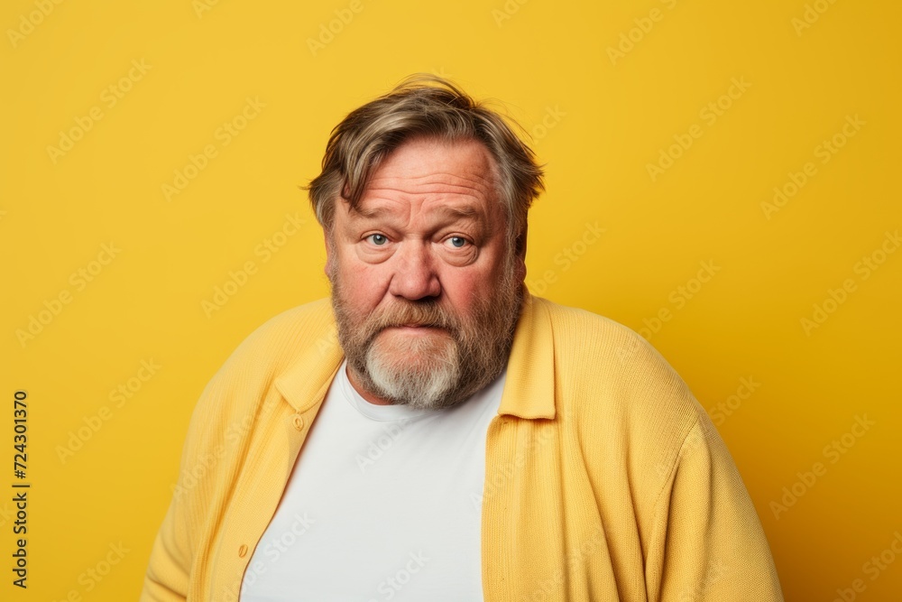 Portrait of a mature man with long grey hair and beard, dressed in a yellow shirt, looking at the camera, isolated over yellow background Portrait of a mature man with long grey hair and beard, dressed in a yellow shirt, looking at the camera, isolated over yellow background