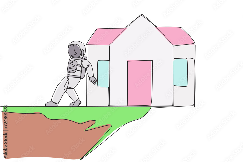 Single one line drawing astronaut pushed miniature house down with his back from the edge of cliff. The concept of tough man in outer space. Galaxy space. Continuous line design graphic illustration Single one line drawing astronaut pushed miniature house down with his back from the edge of cliff. The concept of tough man in outer space. Galaxy space. Continuous line design graphic illustration