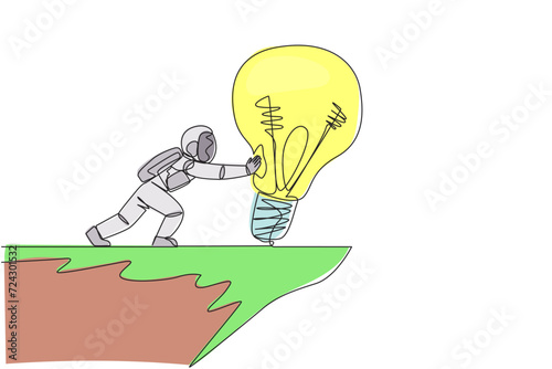 Single continuous line drawing astronaut pushes a large lightbulb over the edge of a cliff. Dropping brilliant ideas fell into a steep abyss. Spontaneity. Spaceman. One line design vector illustration