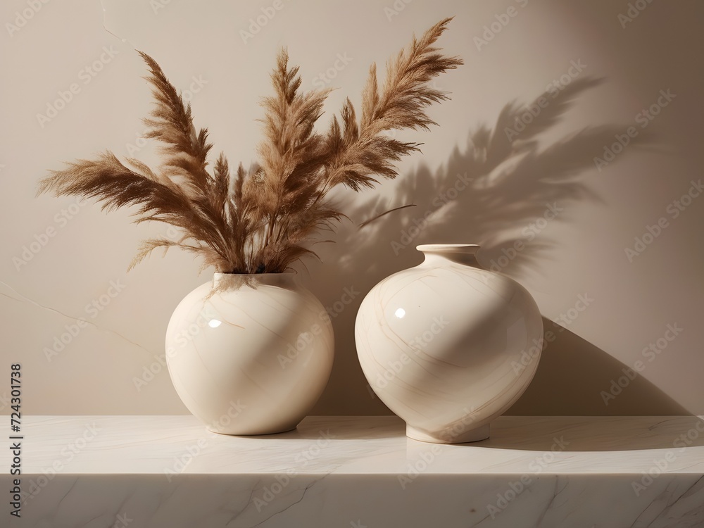 Elegant Ceramic Vases with Dried Pampas Grass on Marble Shelf Elegant Ceramic Vases with Dried Pampas Grass on Marble Shelf