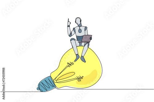 Single one line drawing robotic artificial intelligence sitting on giant lightbulb holding laptop raise one hand. Future technology development concept. Continuous line design graphic illustration