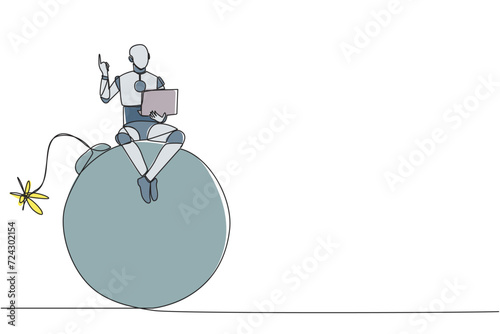 Single continuous line drawing robotic artificial intelligence sitting on large bomb with a burning fuse holding laptop raise one hand. Warning robot. Danger sign. One line design vector illustration