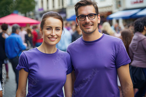 Smiling Couple in Matching Purple Shirts at Outdoor Event
