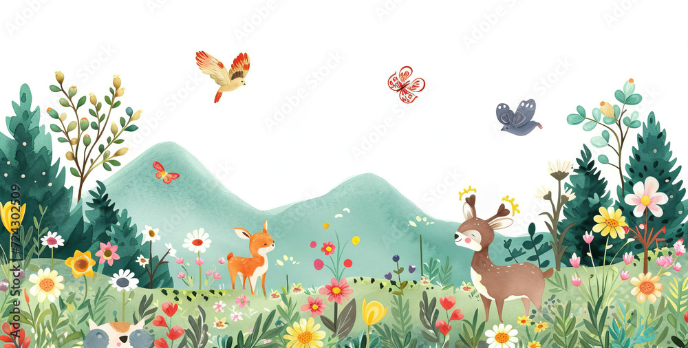 Childlike Tender Portrayal Illustration of Lush Meadows and Graceful Wildlife 