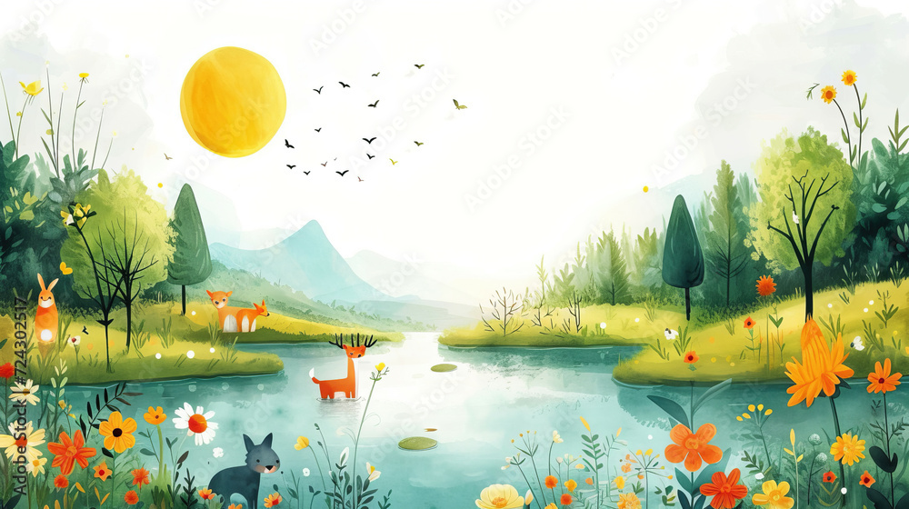 Children's Serene Illustration of a Beautiful Spring Day With Sun ...